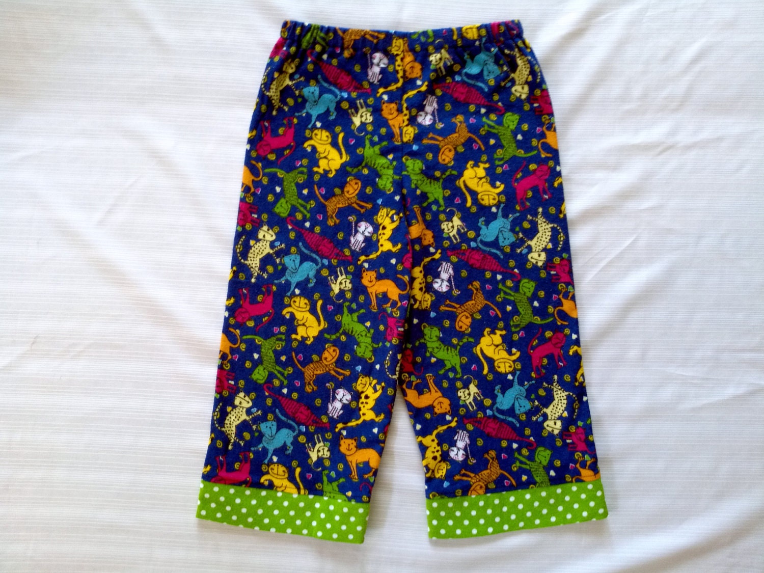 Flannel lounge pants blue green cats polka dots cozy snuggle pants elastic waist child size 7/8