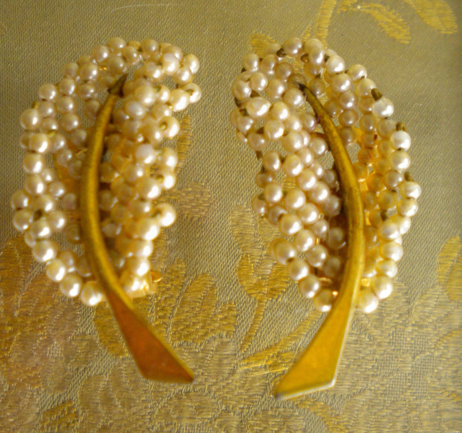 1950's Gold Pearl Leaf Earrings