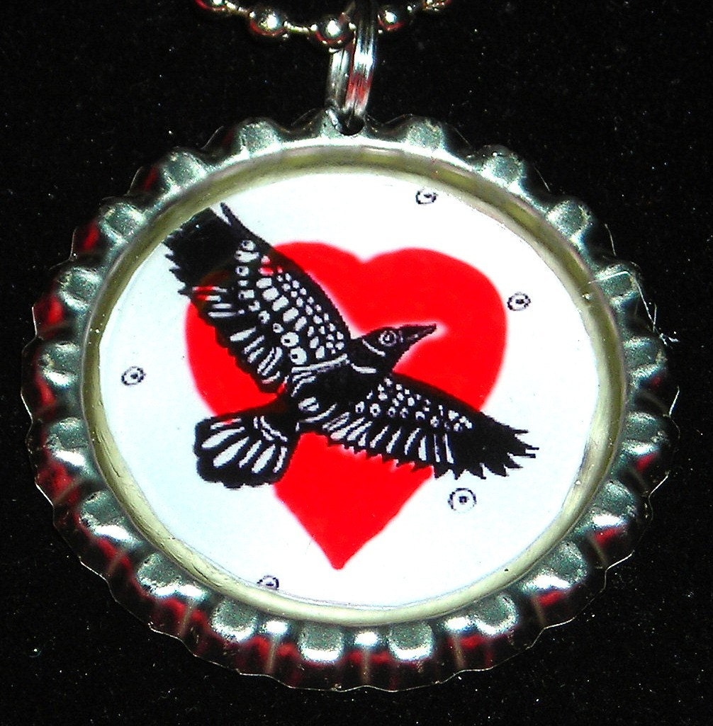 Celtic/Gothic / Punk - Raven Heart Moon -  Valentine  Euro Bottle Cap Pendant Ball Chain NECKLACE