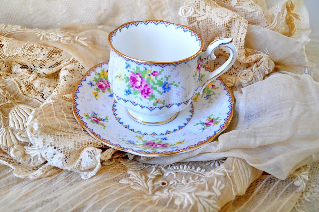 Tea time.. Cute vintage shabby pink rose needle point china teacup set