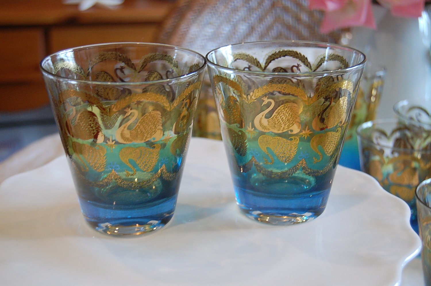 Reserved for Hollywinn......Vintage Mid Century Cera Peacock Glasses 7 Barware Mad Men Style Shorter Glasses ONLY at Retro Daisy Girl