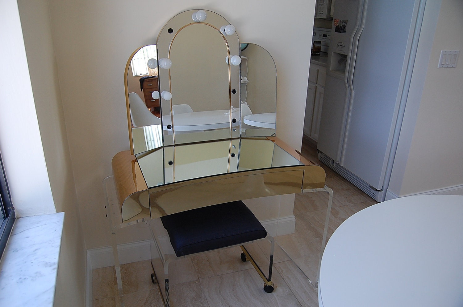 REserved for Chad....Mid Century Modern Lucite Vanity and Stool with Mirror at Retro Daisy Girl