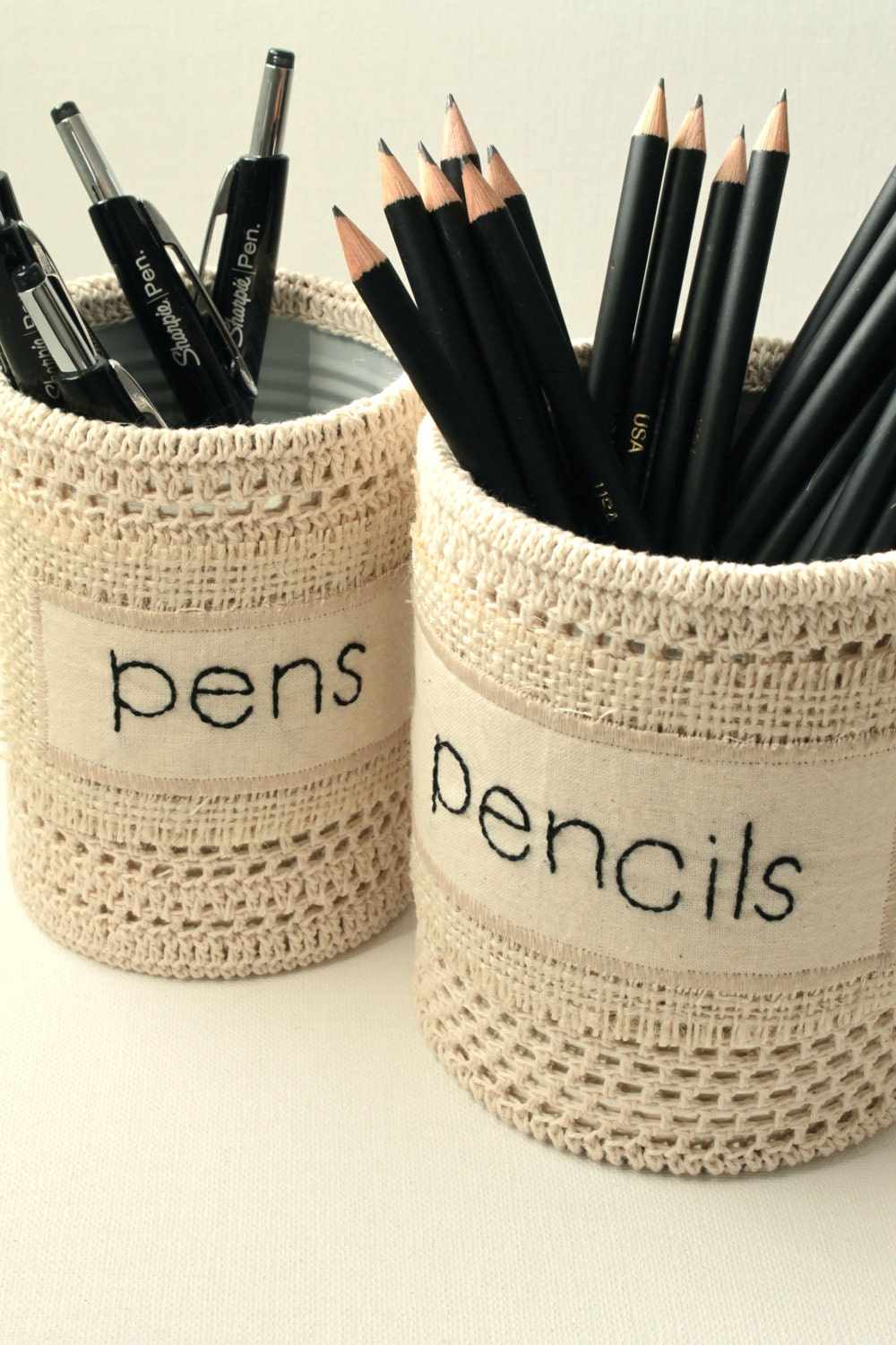 Pen and Pencil Desk Organizers Embroidered Shabby Chic Office Decorating Crochet Cream Black Neutral Home Decore