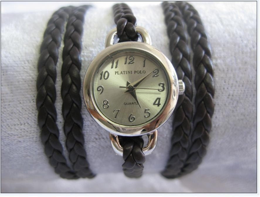 Handmade wrap Bracelet leather Watch with a brown braided leather band with a lovely pattern WORLDWIDE FREE SHIPPING