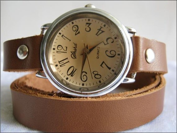 Handmade tan camel Leather Wrap Bracelet leather Watch with a lovely pattern WORLDWIDE FREE SHIPPING