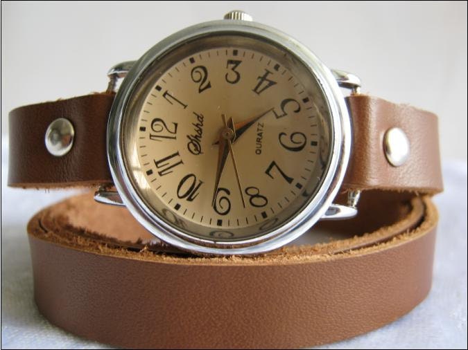 Handmade tan camel Leather Wrap Bracelet leather Watch with a lovely pattern WORLDWIDE FREE SHIPPING