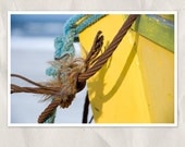 boat on beach photography, rusty rope, ship, yacht, 12x18 print, nautical, seaside, yellow, blue, turquoise, cyan, rusty, bright, sunny