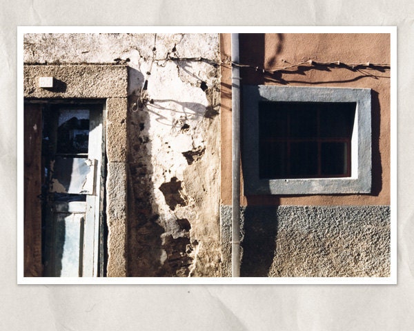 entrance in orange photography, 5x7 print european, weathered, window, doors, wall, beige, salmon, texture, grain, architecture, home decor