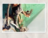 boat on beach photography, rusty rope, 8x12 print, nautical, maritime, yacht, sailing, sea, ocean, green, gray, brown, rusty, home decor