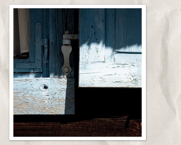 blue wooden window frame, abstract photography, 8x8 architecture photo, hinge, peeling paint, shutter, cyan, pale blue, rustic barn decor