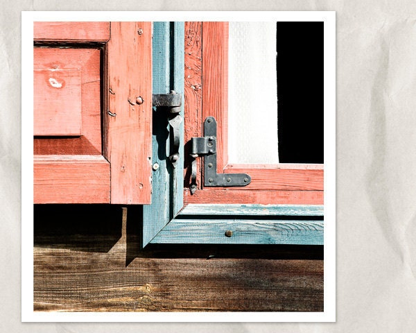 coral wooden window frame, abstract photography, 8x8 architecture photo, metal hinge, shutter, red, pink, pale blue, cyan, rustic wall decor