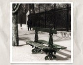Paris bench photography, 5x5 print, green, sepia, vintage, city view, urban, bank, french, France, travel, park, rest for two