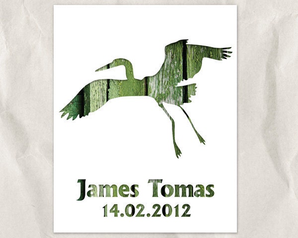 bird silhouette personalized art print, 11x14, custom nursery art, baby shower gift, birth announcement, name art, animal decor, green, moss