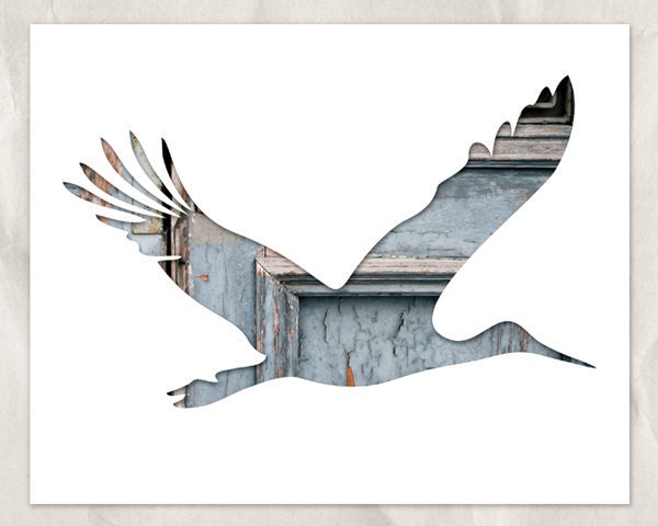 bird silhouette in blue and brick, stork abstract photography, 11x14 art print, architectural, blue, gray, red, baby shower gift, wall decor