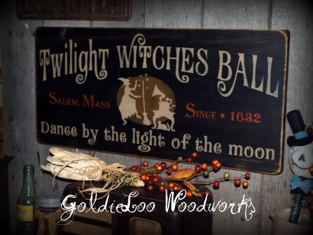 Primitive, Folk Art ,Halloween, Twilight Witches Ball wood sign