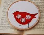 Embroidery Hoop Art - Red Bird with Spots on Vintage Cotton