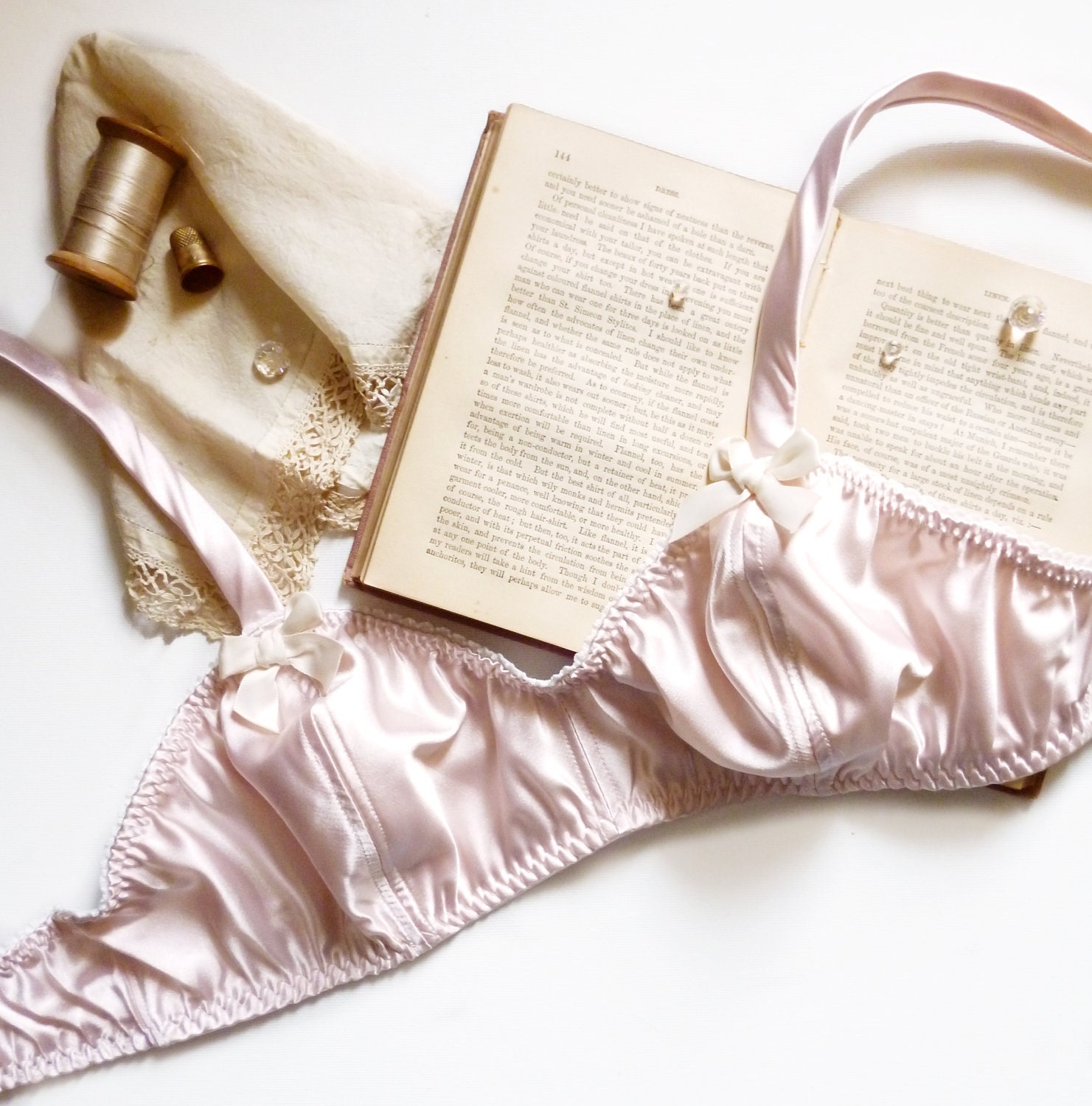 Womens Satin Bra in Ballet Pink Satin with White Bows Made to Order - ohhhlulu