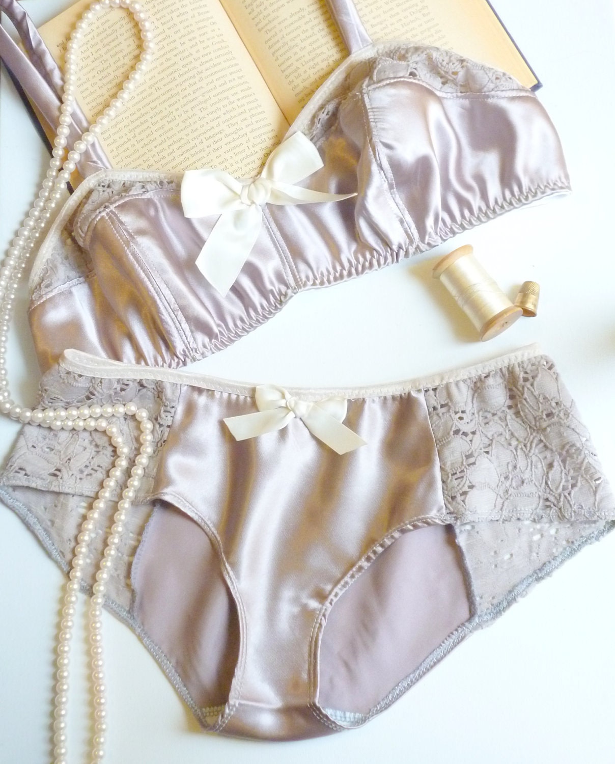 Elegant Vintage Style Amethyst Smoke Satin & Lace Soft Bra Made to Order