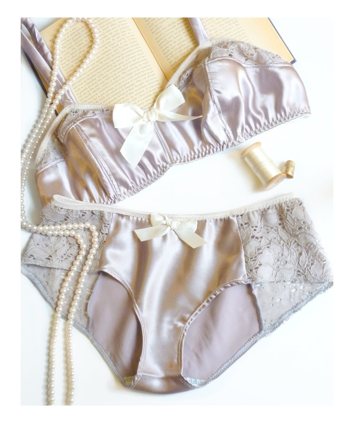 Vintage Style Satin Lingerie 'Amethyst Smoke' Bra and Panties