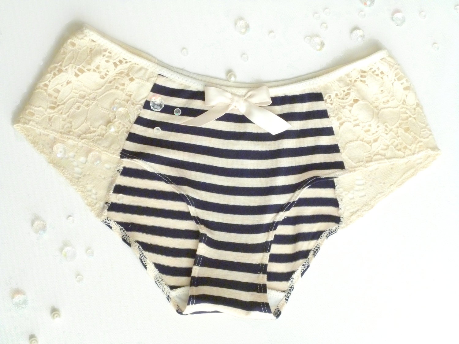 Bon Voyage Navy Stripes & Ivory Lace Cheeky Panties Made to Order