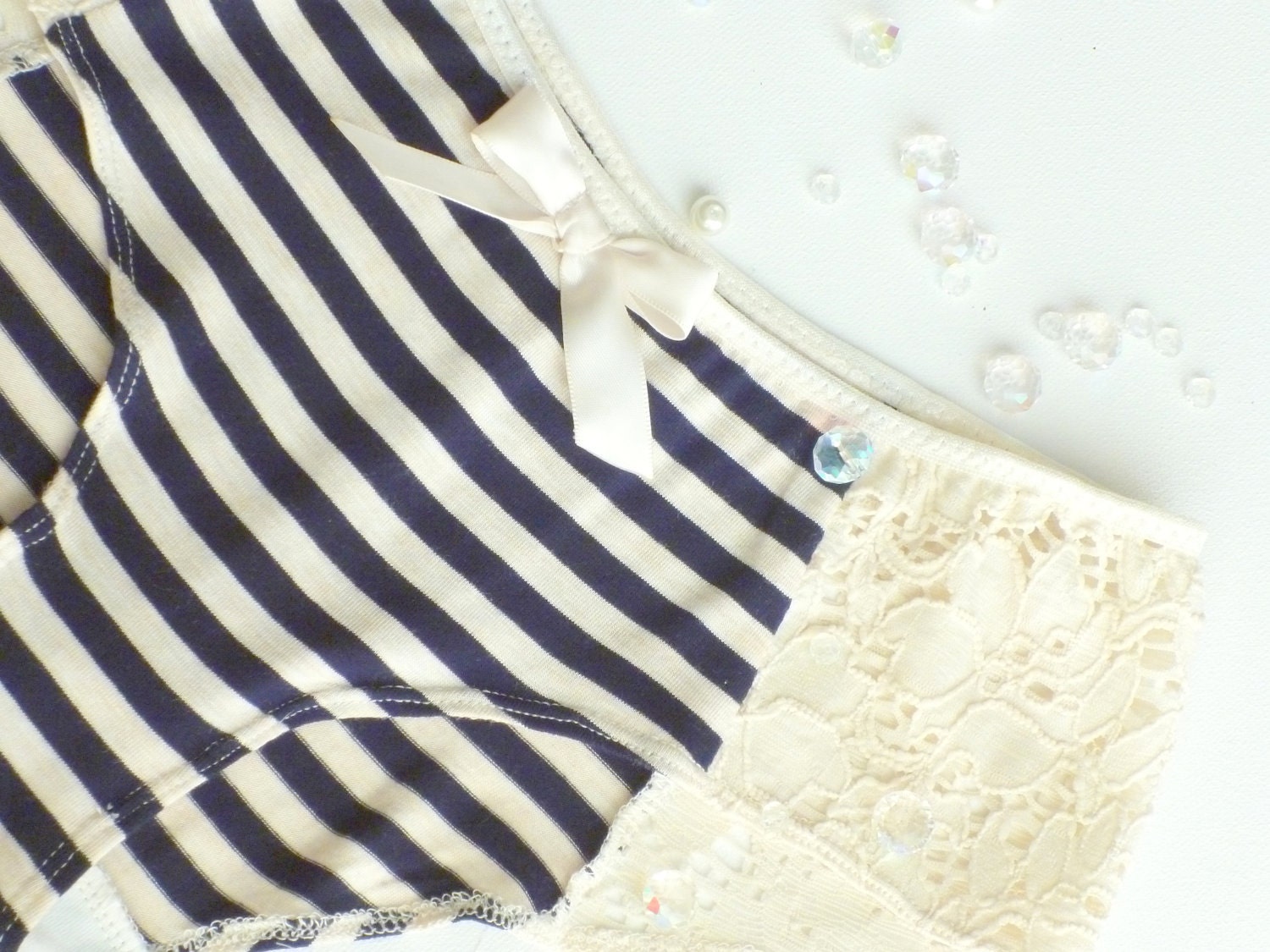 Bon Voyage Navy Stripes & Ivory Lace Cheeky Panties Made to Order