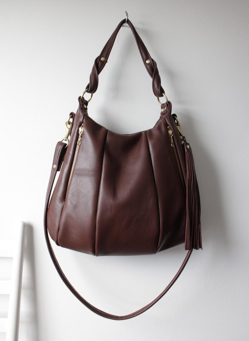 Brown Leather Bag - OPELLE Lotus Bag - Soft Pebbled Leather with Zip Pockets in Mahogany - Made to Order