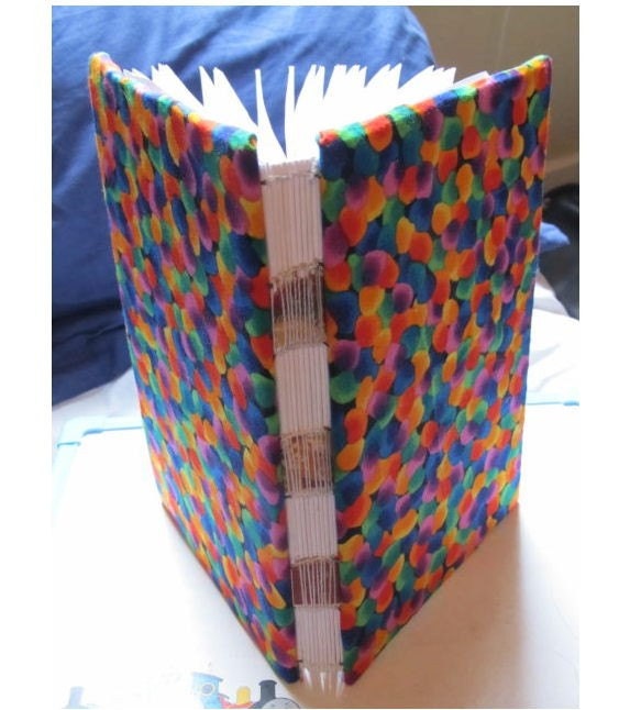 Journal - Bright & Colorful Recycled Handmade Sketchbook Guestbook Diary - Blank Hand Stitched Bright Fabric Orange Red Purple Blue Green