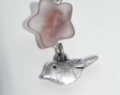 Silver Bird with Lavender Flower Charm Necklace