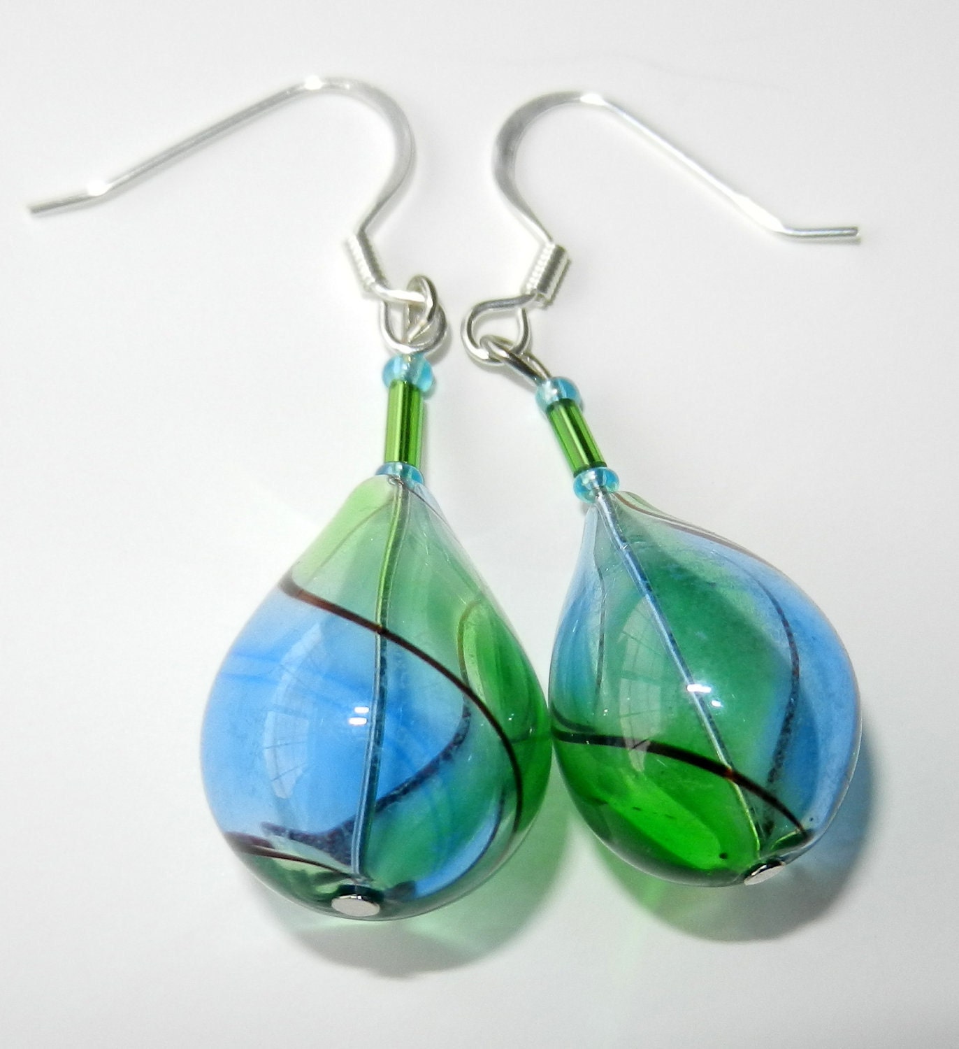 Bright Green, Blue and Black Swirl Dangle  Earrings