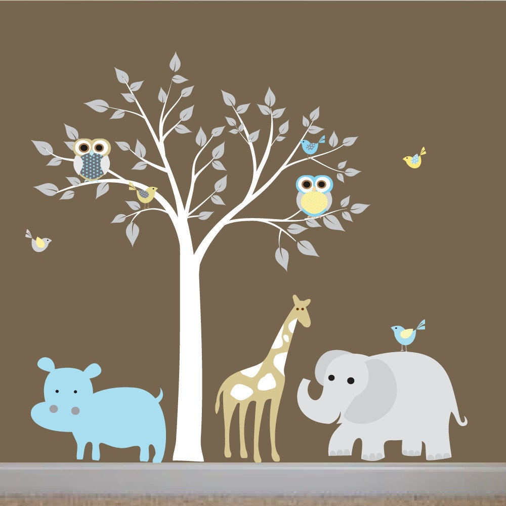 Jungle Safari Tree  Elephant Giraffe Vinyl Wall Art Decals Nursery Kids Boys