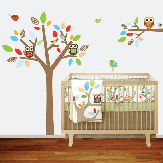 Childrens Wall Decal Tree and Branch Vinyl Wall Nursery with Owls,Birds