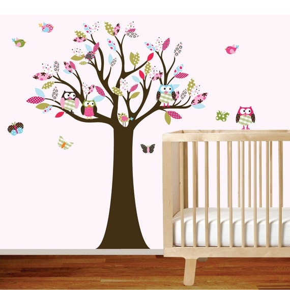 Vinyl Wall Decal Stickers Owl Tree Set Nursery Girls Baby