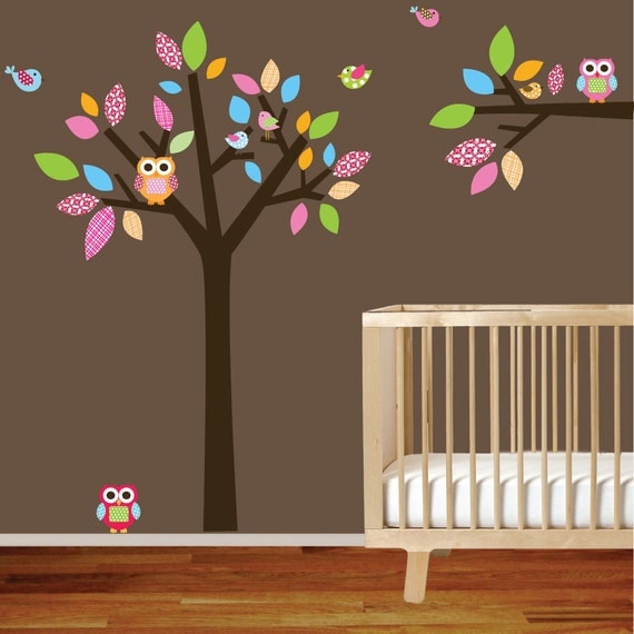 Girls Nursery Tree and Branch Vinyl Wall Decal Owls Birds