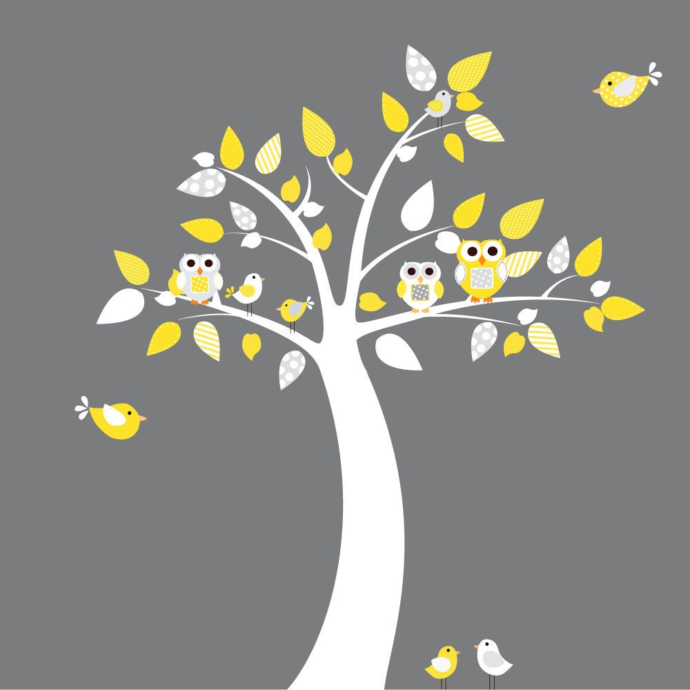Vinyl wall decal sticker owl tree with birds yellow nursery baby