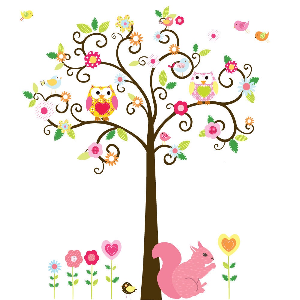 Swirl Flower Tree with Owls and Birds Baby Nursery Vinyl Wall Decal Swirl Tree