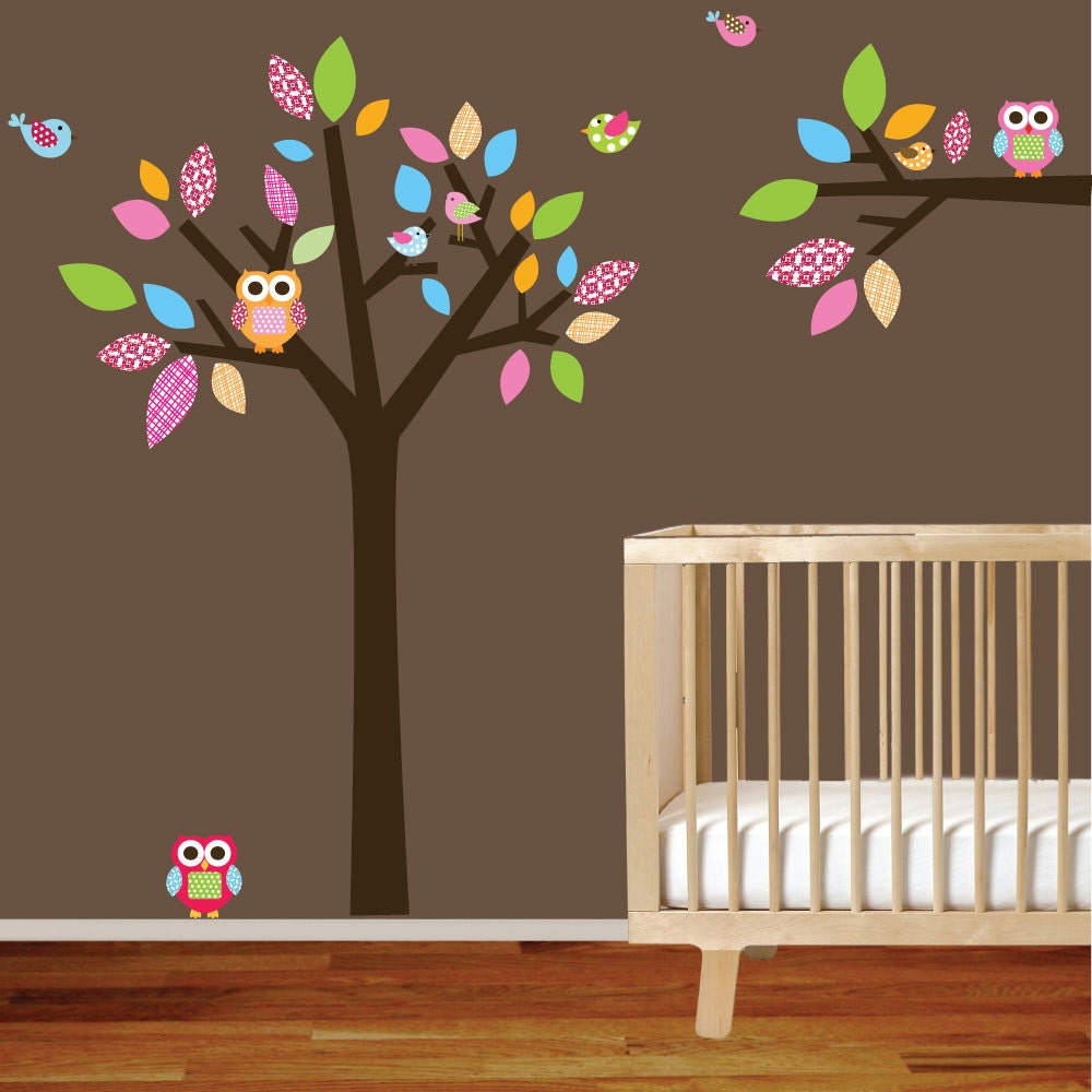 Girls Nursery Tree and Branch Vinyl Wall Decal Owls Birds