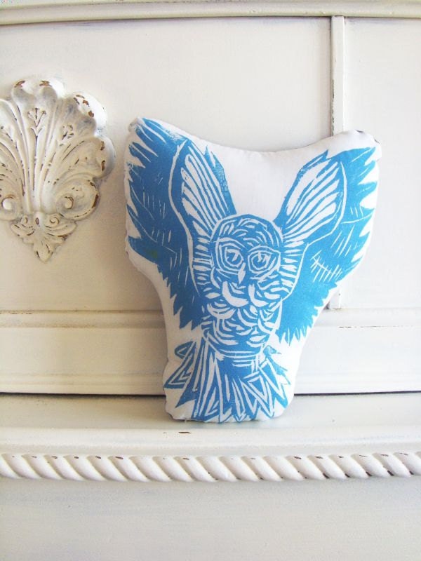 Plush Owl Pillow. Hand Woodblock Printed. Choose ANY Color. Made to Order.