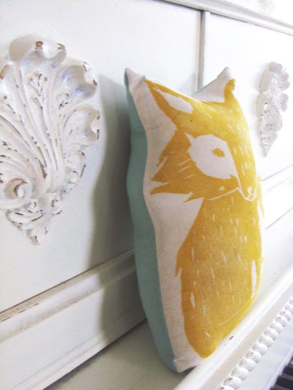 Plush Fox Pillow in Yellow. Woodblock Printed. Customizable Colors. Made to Order.