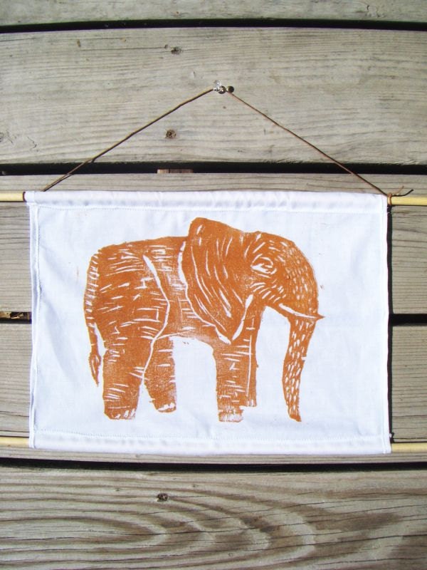 Orange Elephant Woodblock Print. Fabric Wall Hanging. 11X14. Customizable.