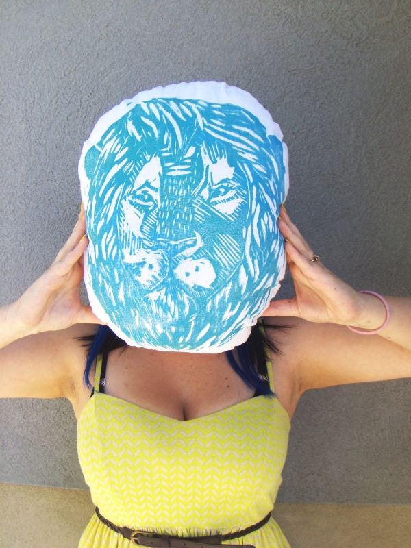 Plush Lion Pillow. Hand Woodblock Printed. 16 inches. Pick your colors. Made to Order.