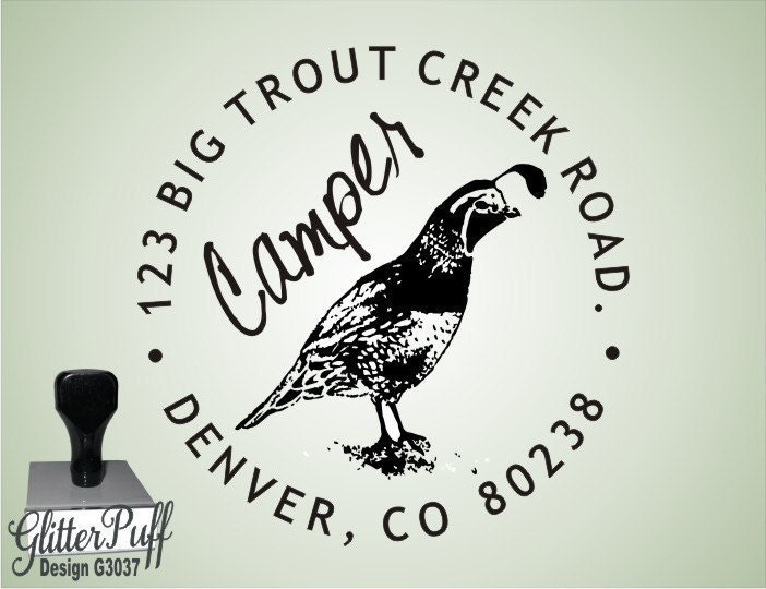Custom Address Rubber Stamp - Quail Bobwhite - (G3037) Mounted Clear Acrylic  Handle