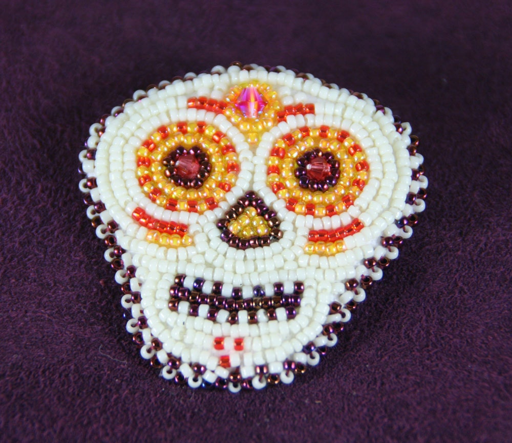 Beaded Brooch - Sugar Skull - Red and Yellow - Free Shipping