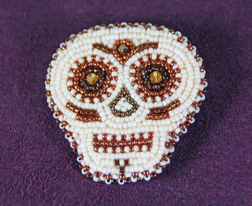 Sugar Skull - Beaded Brooch - Bronze
