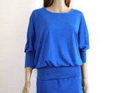 1970s Dress / 70s 80s Two Piece Knit Skirt Top / Bright Blue / Small to Medium