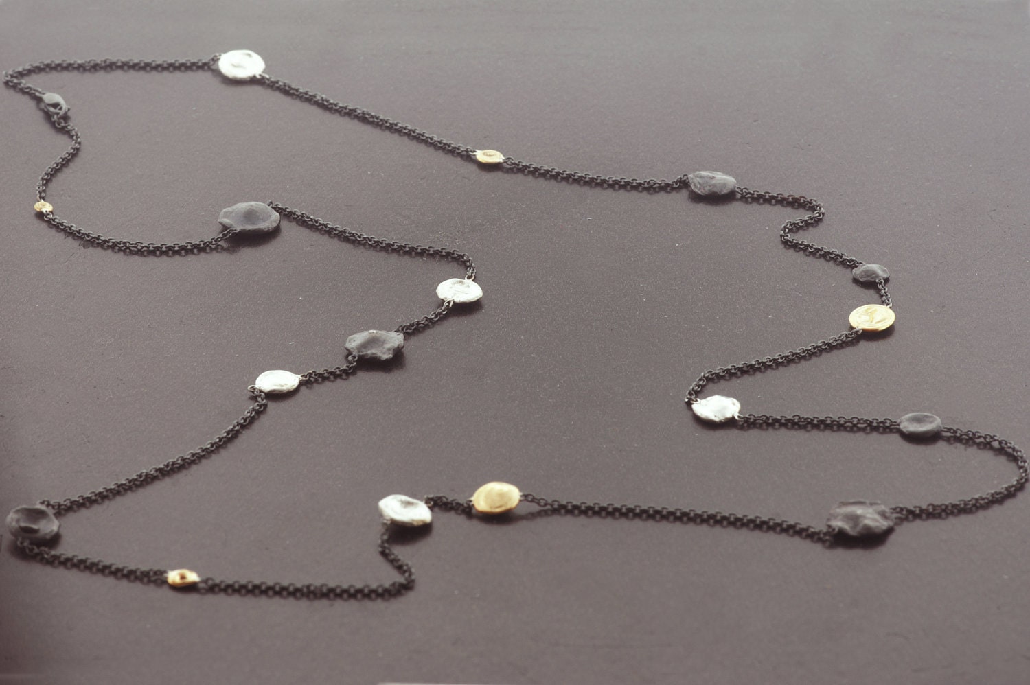 Watercast Long Necklace with 14k Gold and Sterling Silver with Diamonds