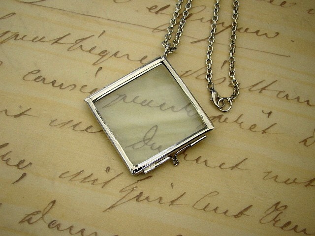 Glass Locket Necklace, Wedding, Bride, Bridesmaid, Square Silver Frame, Long Chain - Monique