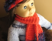 Doll Hat and Scarf Set fits American Girl Dolls and 18 inch Dolls - Red Yarn with Blue Mohair Accents - SALE - CLEARANCE