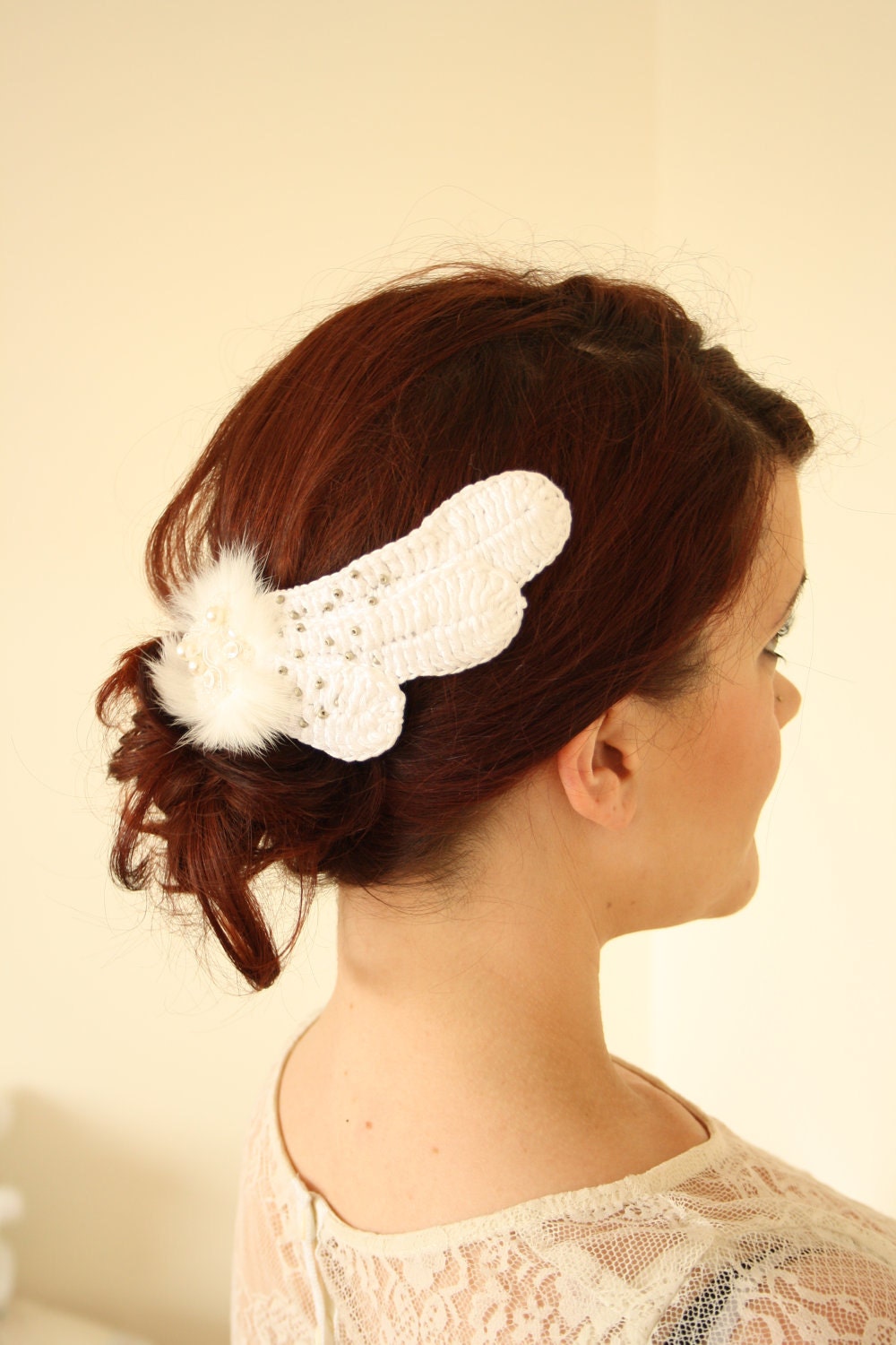 Odette Hairpiece, Hand Crocheted Feather, Summer Wedding, Angel wings