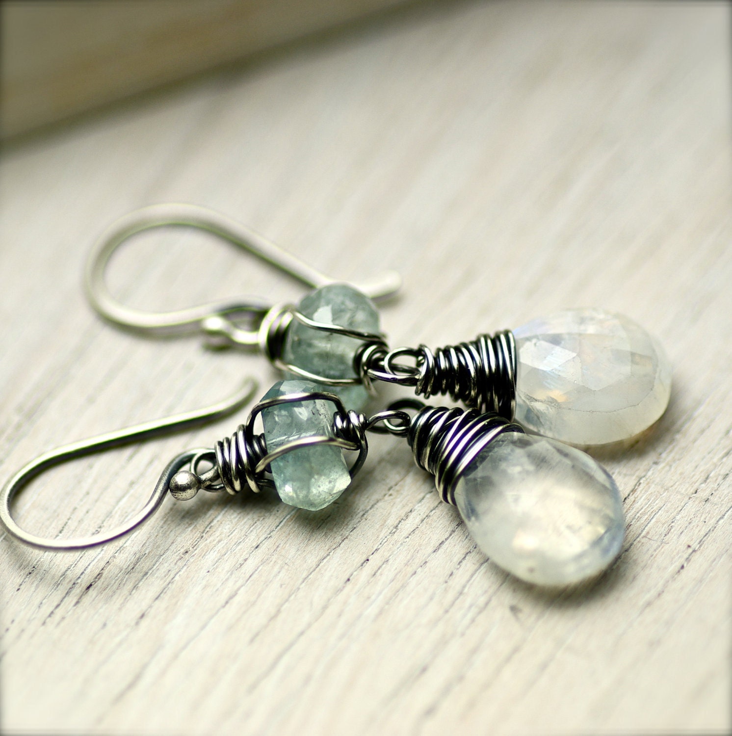 Handmade Wire Wrapped Rainbow Moonstone and Aquamarine Gemstone Earrings on Oxidized Sterling Silver - PoppyLayne