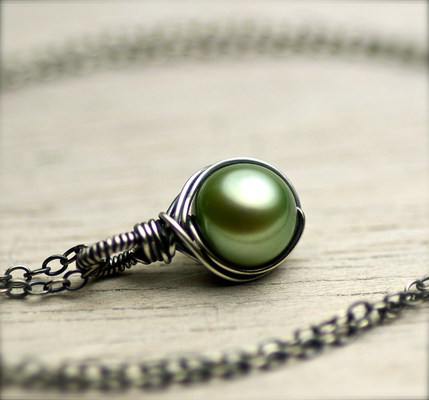 Sage Spring Green Freshwater Pearl Wire Wrapped Necklace on Oxidized Sterling Silver